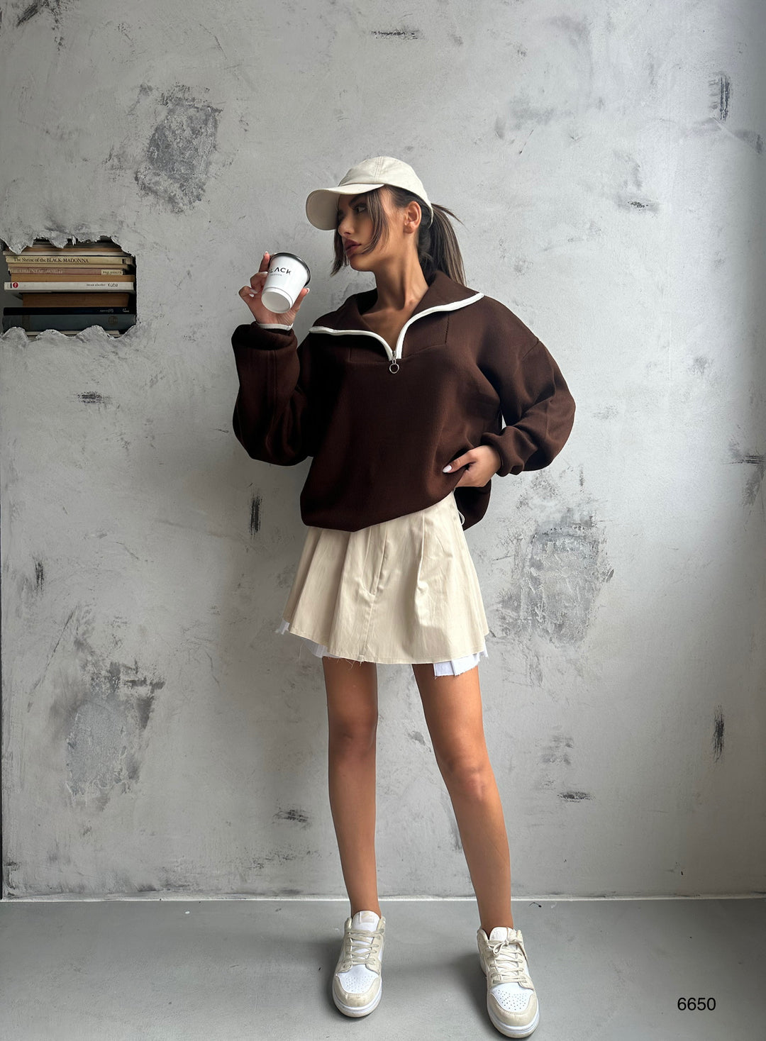 Yaka Fermuar Detay Kahverengi Oversize Kazak