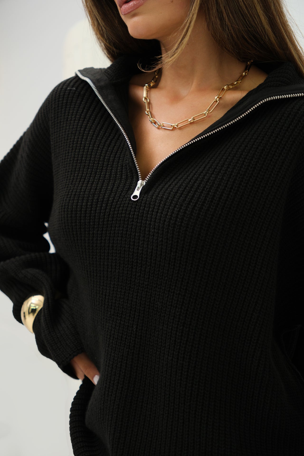 Collar Zipper Detail Black Sweater 