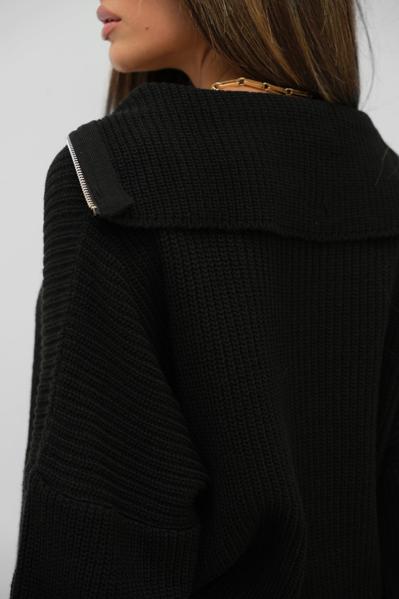 Collar Zipper Detail Black Sweater 