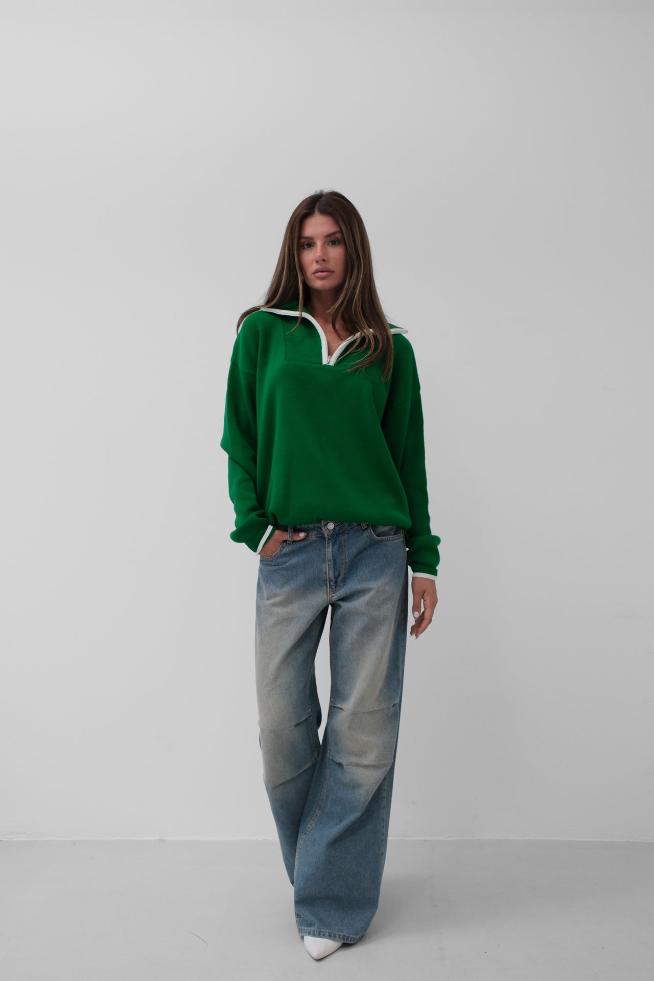 Collar Zipper Detail Green Oversize Sweater 