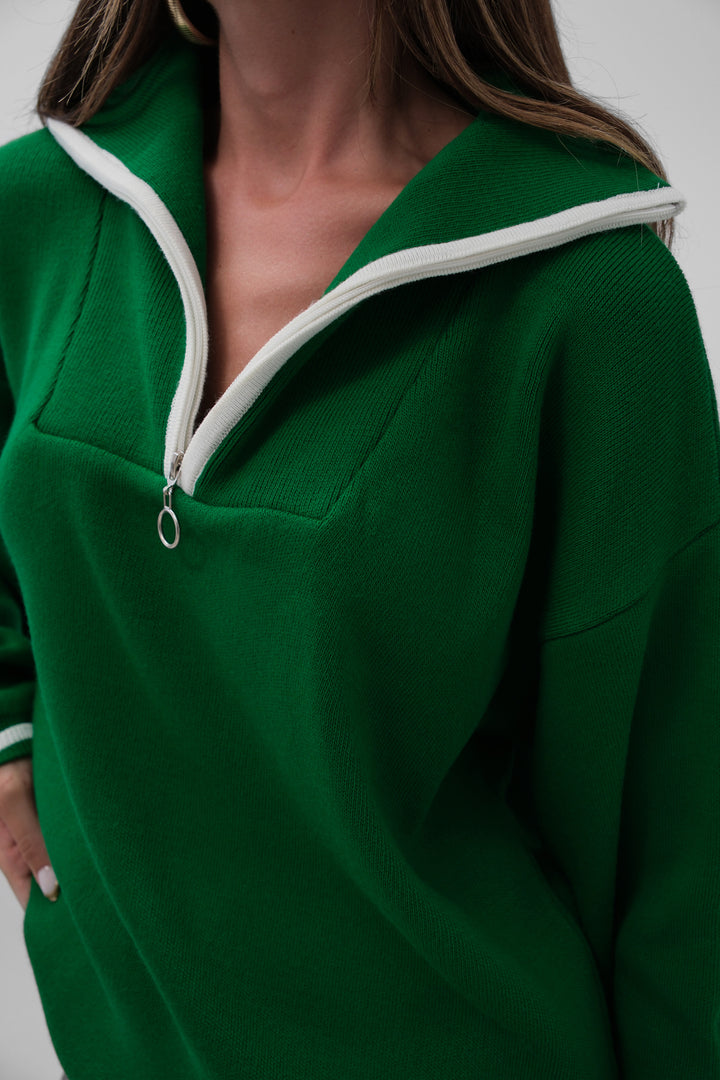 Yaka Fermuar Detay Yeşil Oversize Kazak