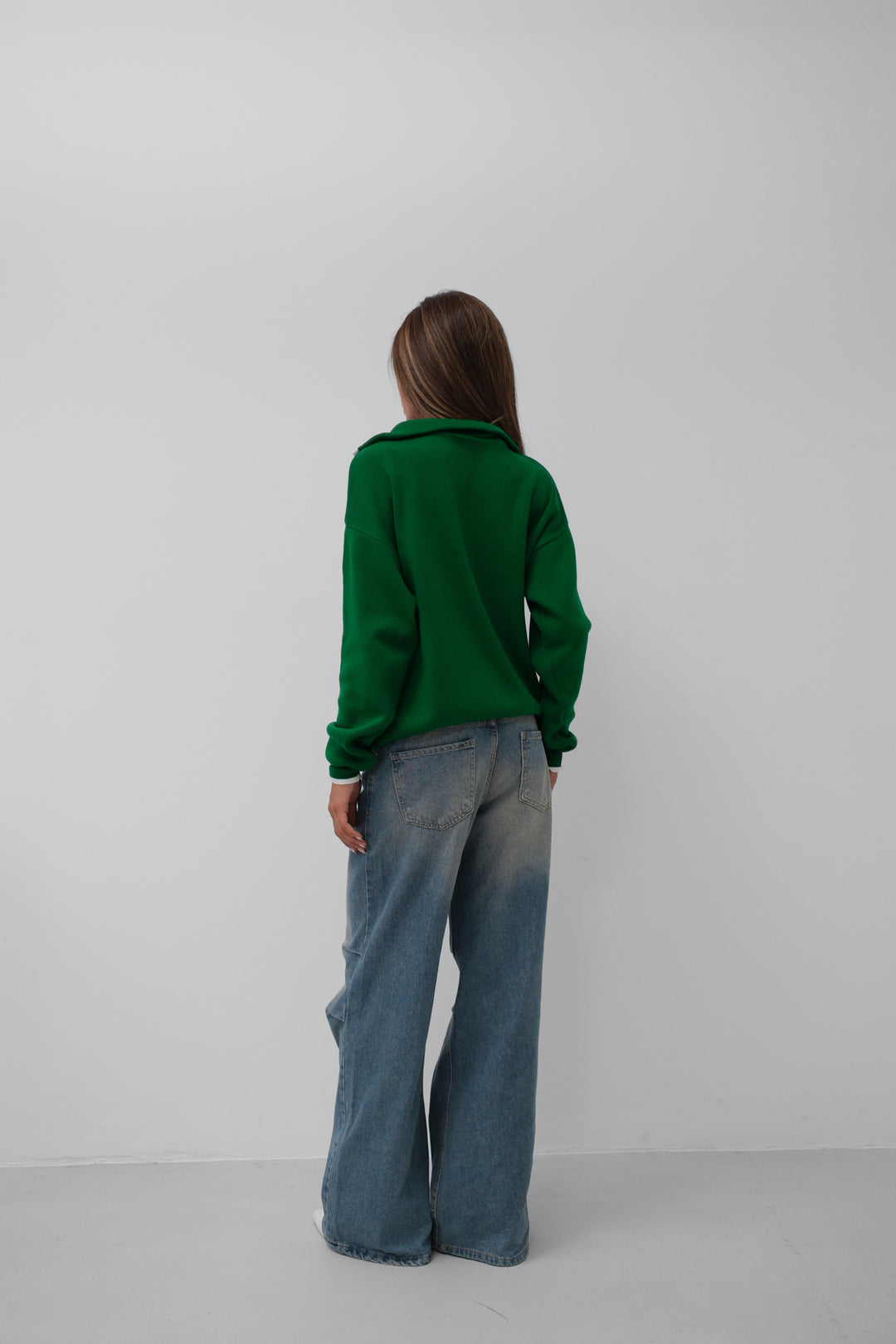 Yaka Fermuar Detay Yeşil Oversize Kazak