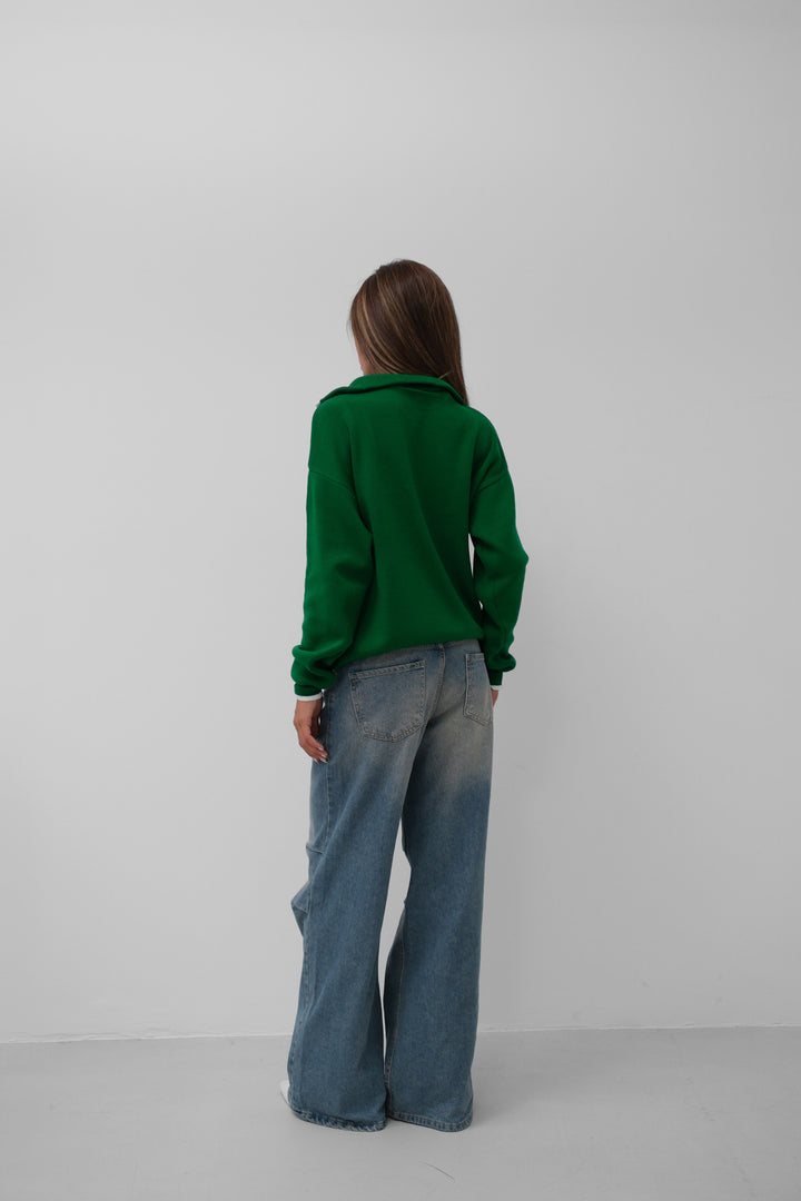 Yaka Fermuar Detay Yeşil Oversize Kazak