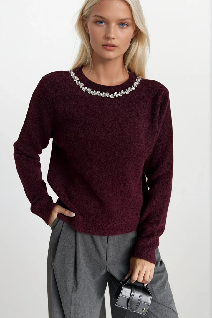 Yaka Taş İşlemeli Bordo Triko Kazak