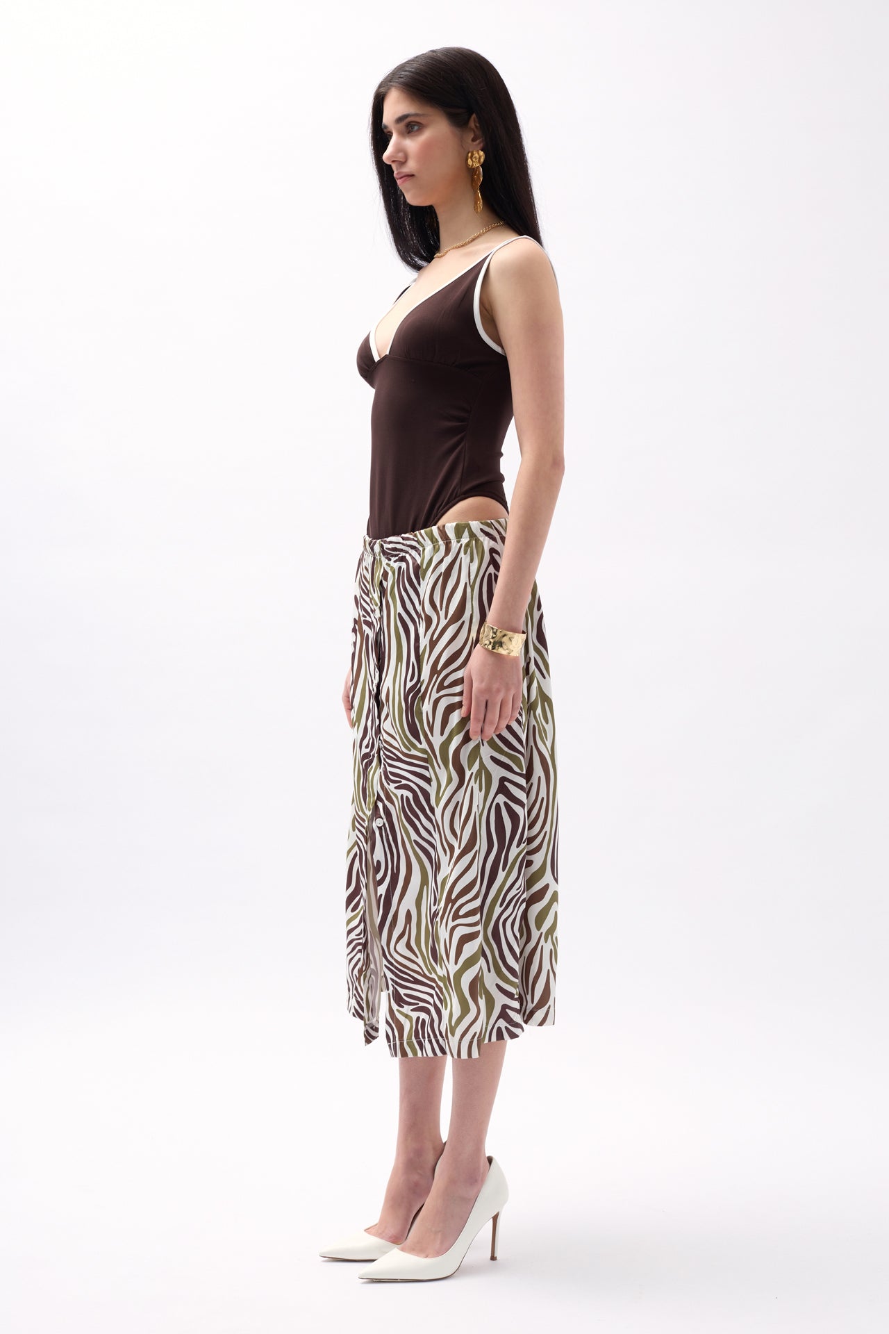 Side Slit Patterned Green Skirt 