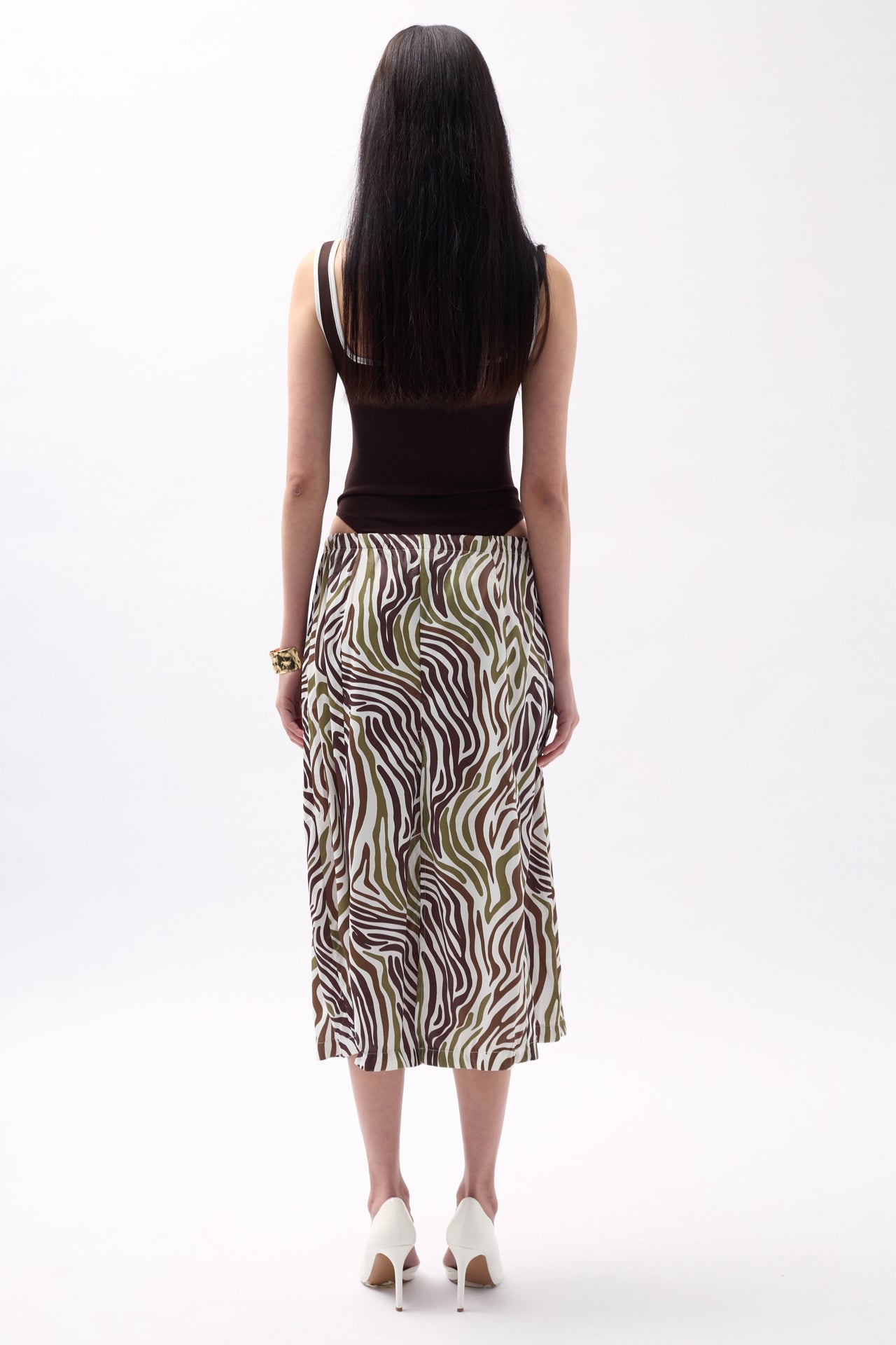 Side Slit Patterned Green Skirt 