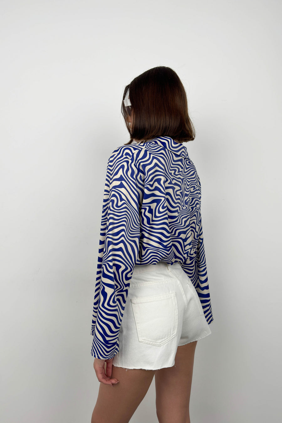 Bat Sleeve Patterned Blue Blouse 