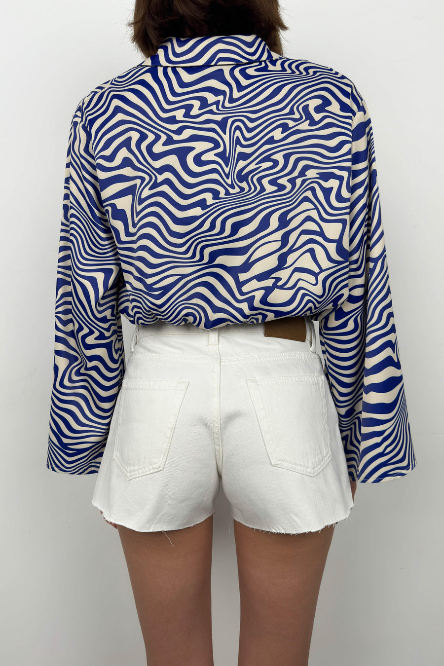 Bat Sleeve Patterned Blue Blouse 