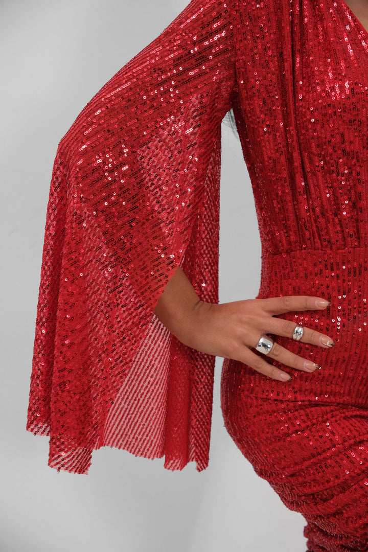 Batwing Sleeve Double Breasted Backless Sequined Red Dress 