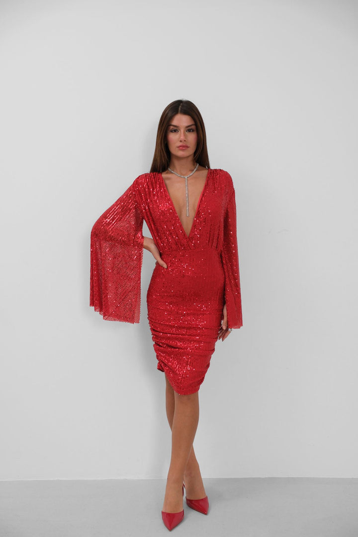 Batwing Sleeve Double Breasted Backless Sequined Red Dress 
