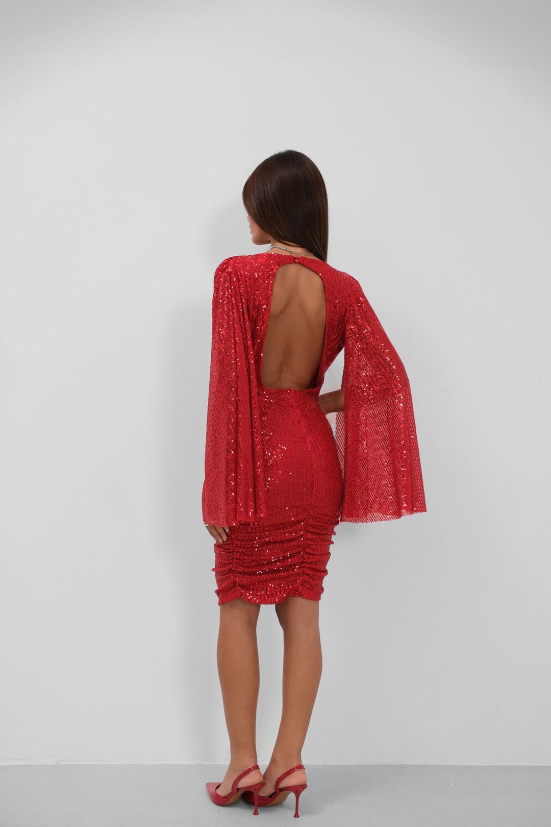 Batwing Sleeve Double Breasted Backless Sequined Red Dress 