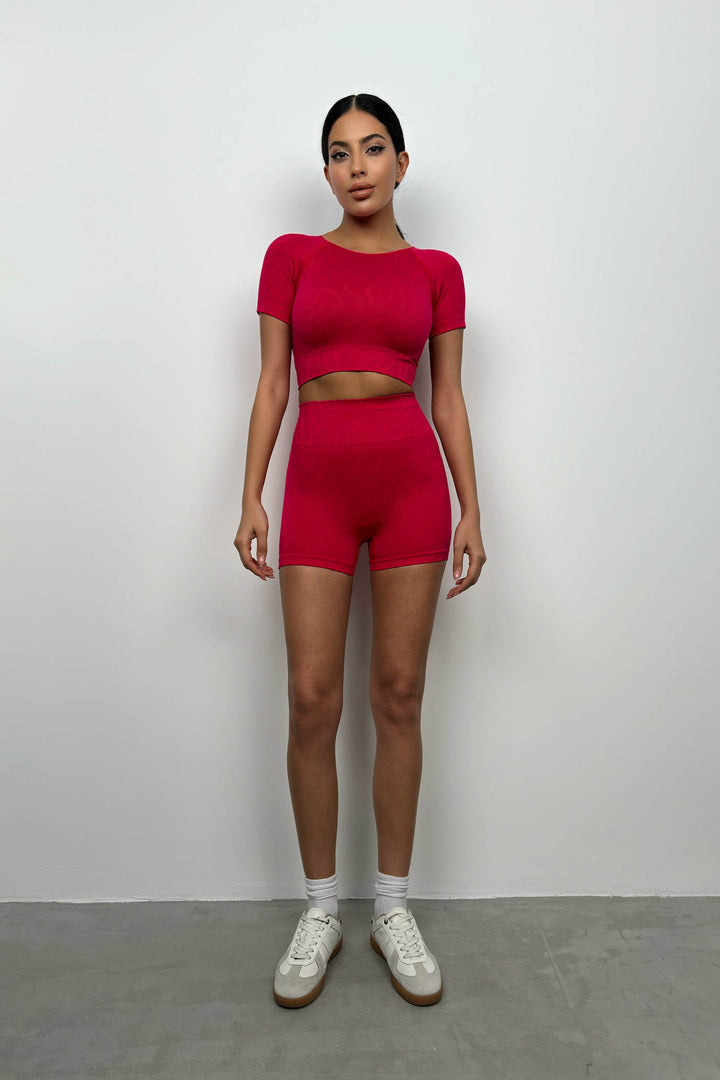 Yarım Kol Crop Bisikletçi Pembe Tayt Takım