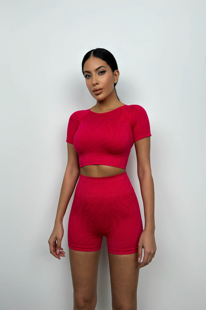 Yarım Kol Crop Bisikletçi Pembe Tayt Takım