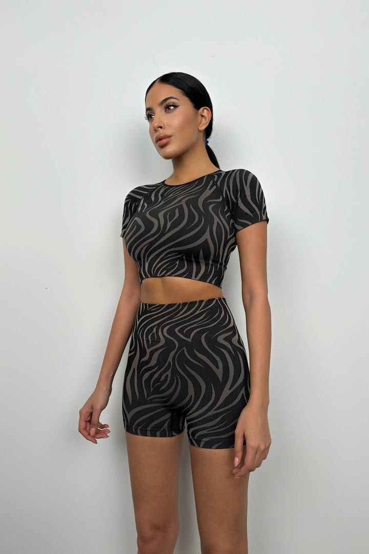 Yarım Kol Crop Bisikletçi Siyah Tayt Takım