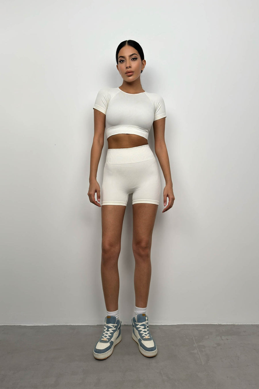 Half Sleeve Crop Biker White Tights Set 