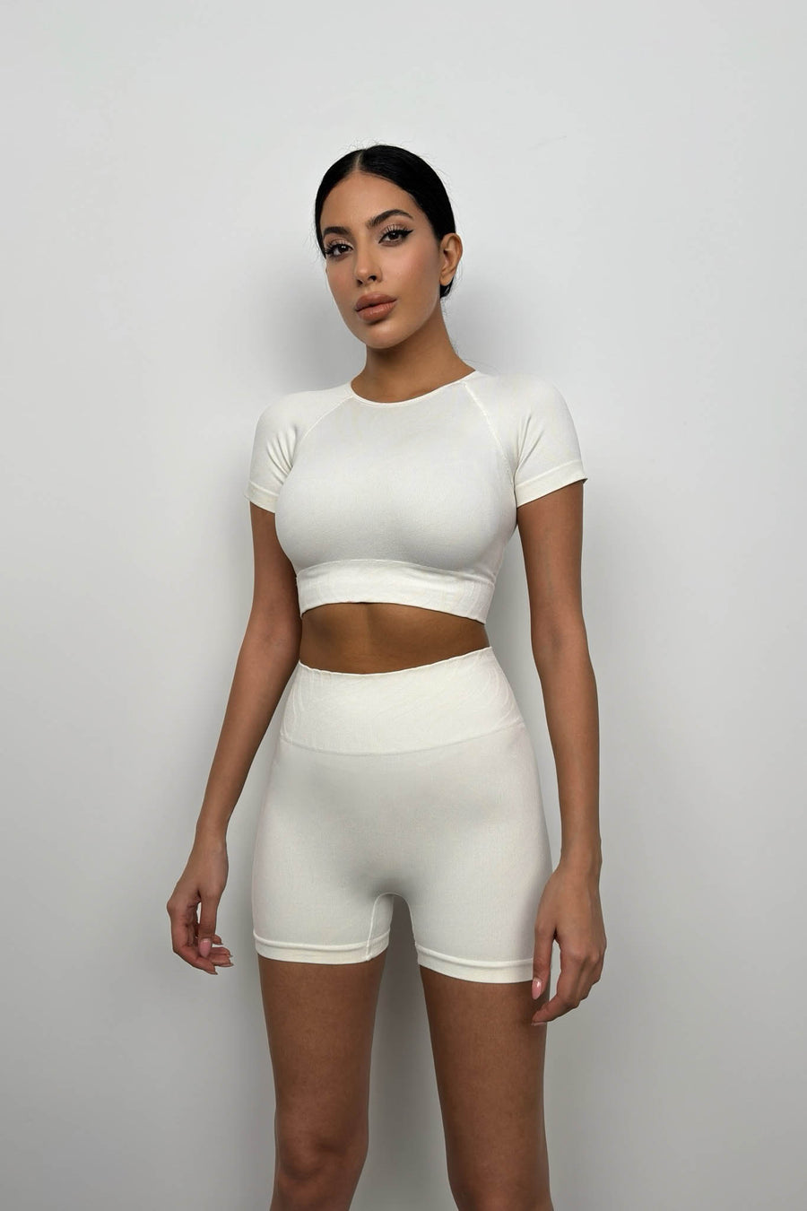 Half Sleeve Crop Biker White Tights Set 