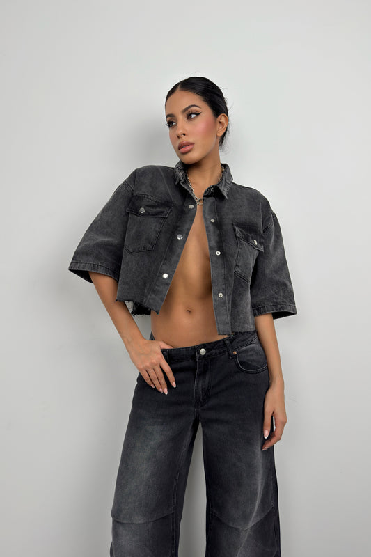 Half Sleeve Crop Grey Denim Shirt 