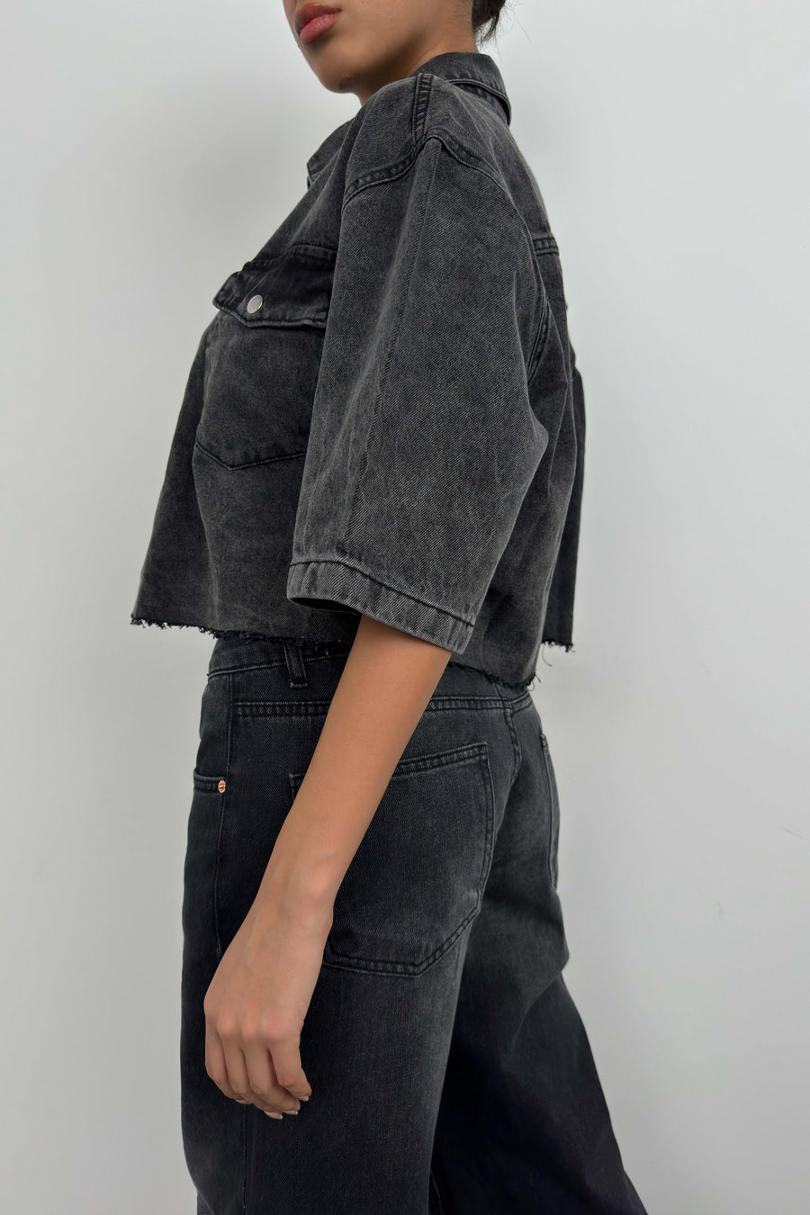 Half Sleeve Crop Grey Denim Shirt 