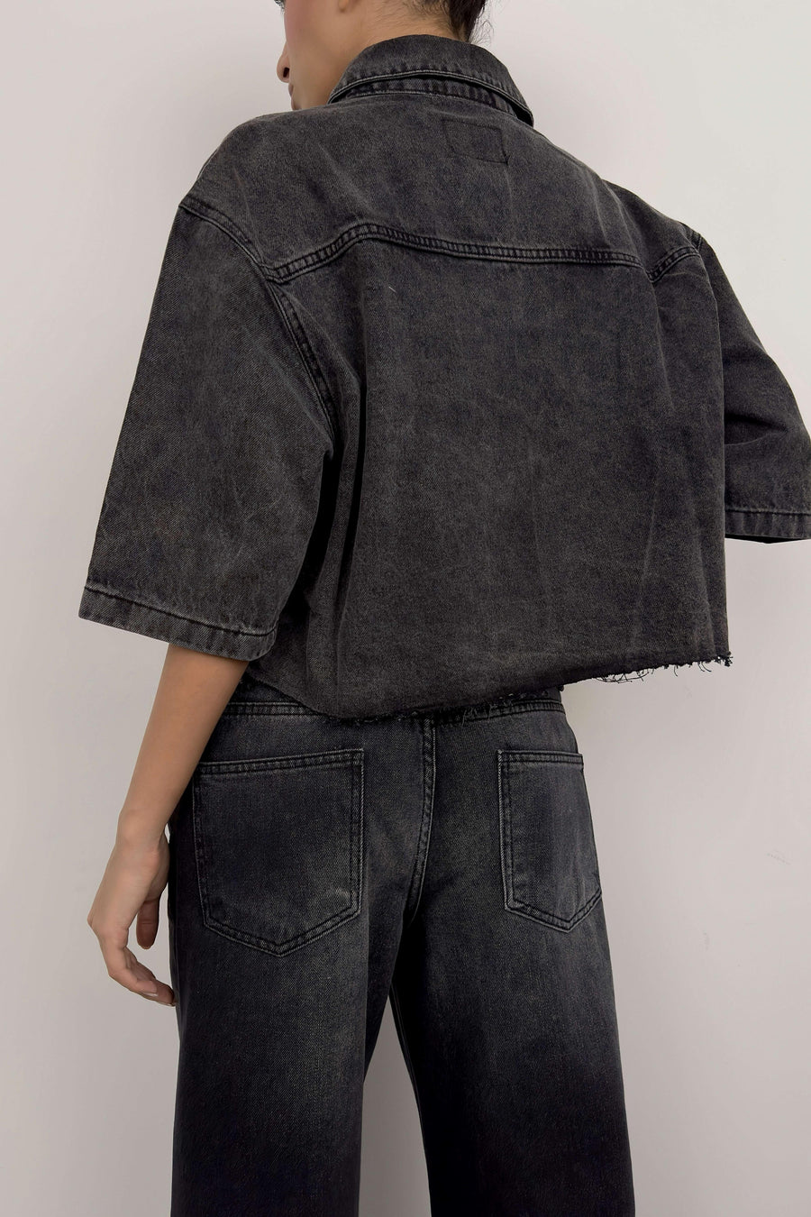 Half Sleeve Crop Grey Denim Shirt 