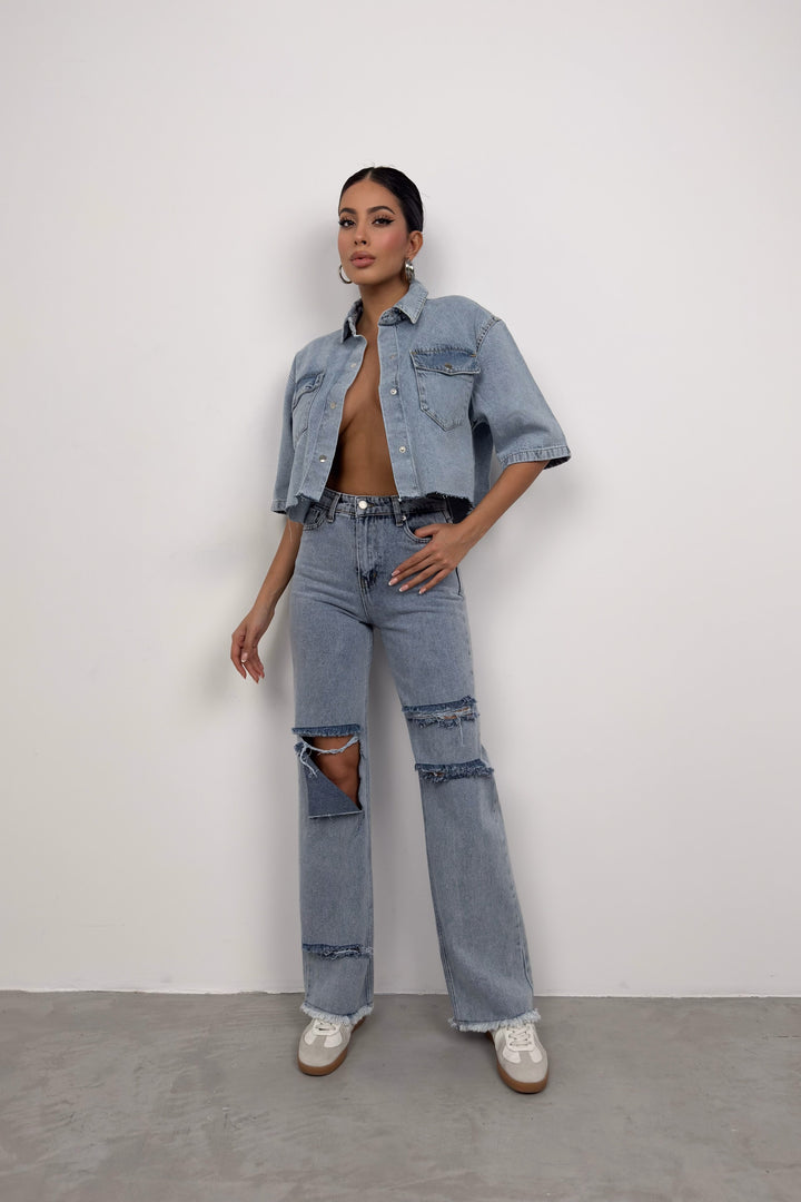 Yarım Kol Crop Açık Mavi Kot Gömlek