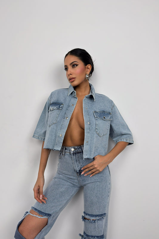 Half Sleeve Crop Light Blue Denim Shirt 