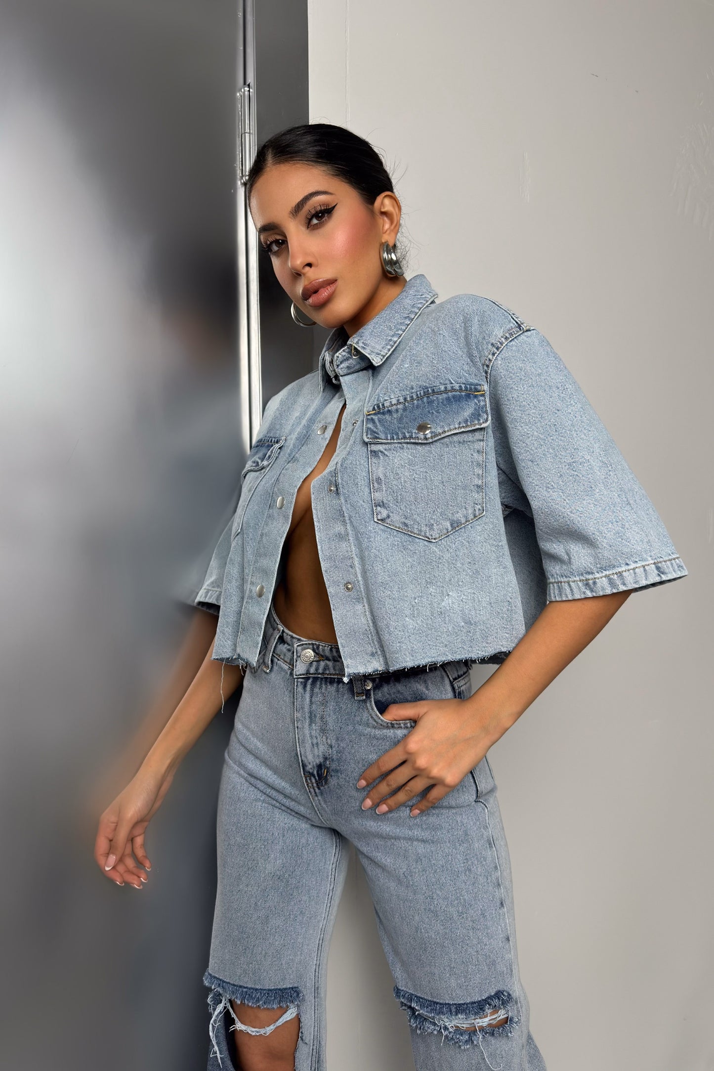 Half Sleeve Crop Light Blue Denim Shirt 