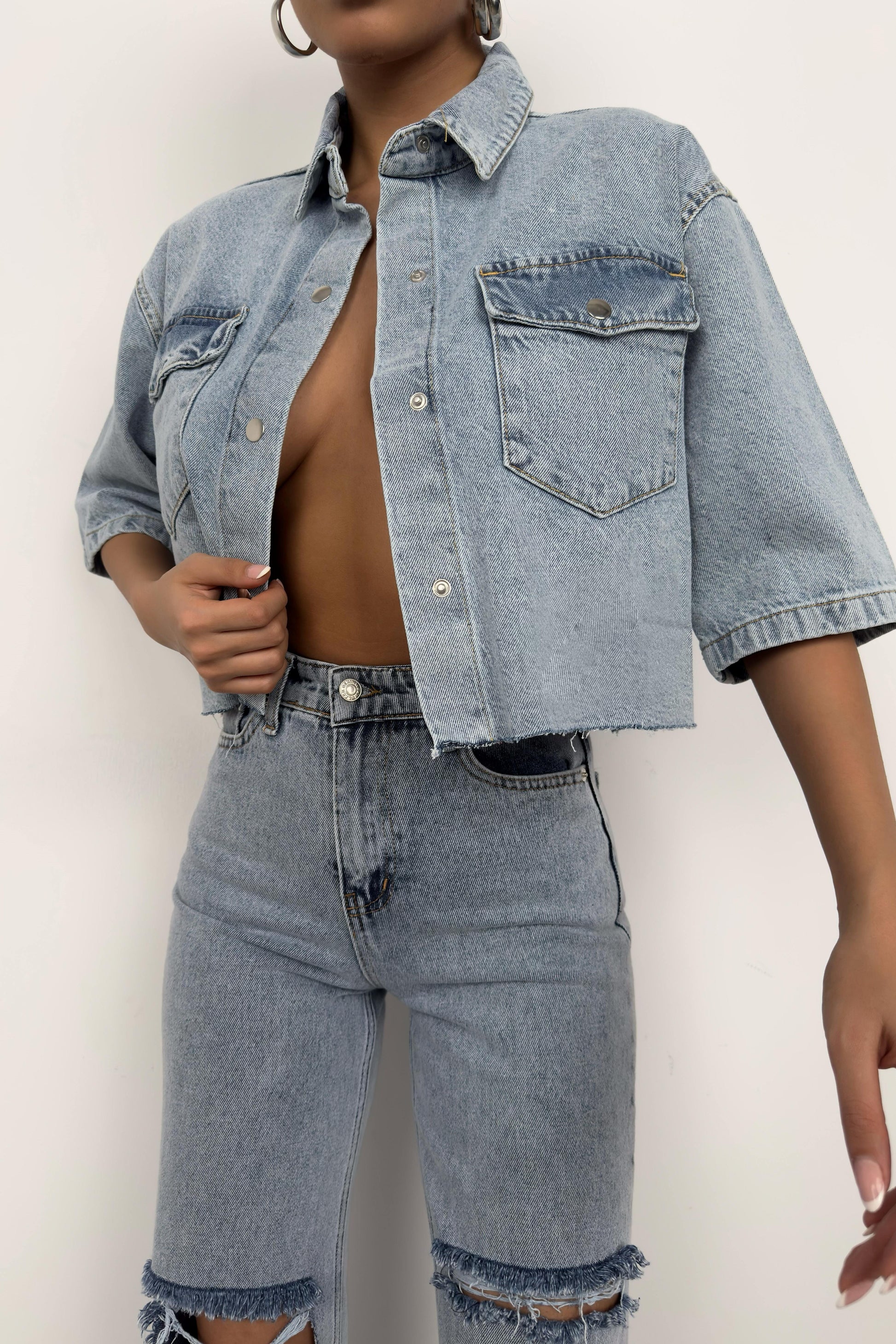 Half Sleeve Crop Light Blue Denim Shirt 