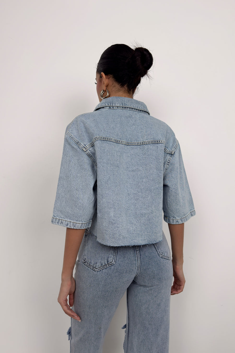 Half Sleeve Crop Light Blue Denim Shirt 