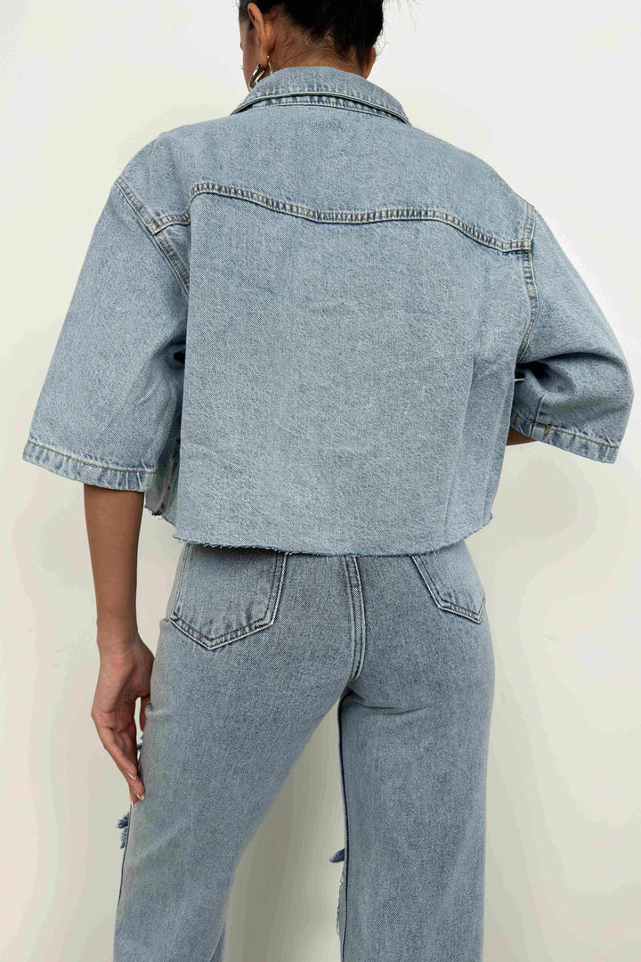 Yarım Kol Crop Açık Mavi Kot Gömlek