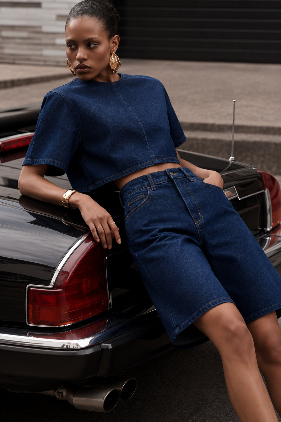 Yarım Kol Denim Bluz Bermuda Şort İkili Koyu Mavi Takım