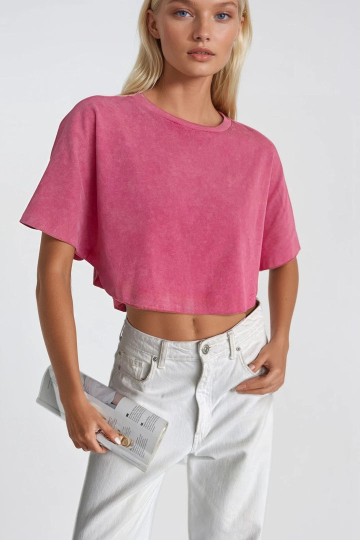 Yıkama Efektli Pembe Crop Tişört