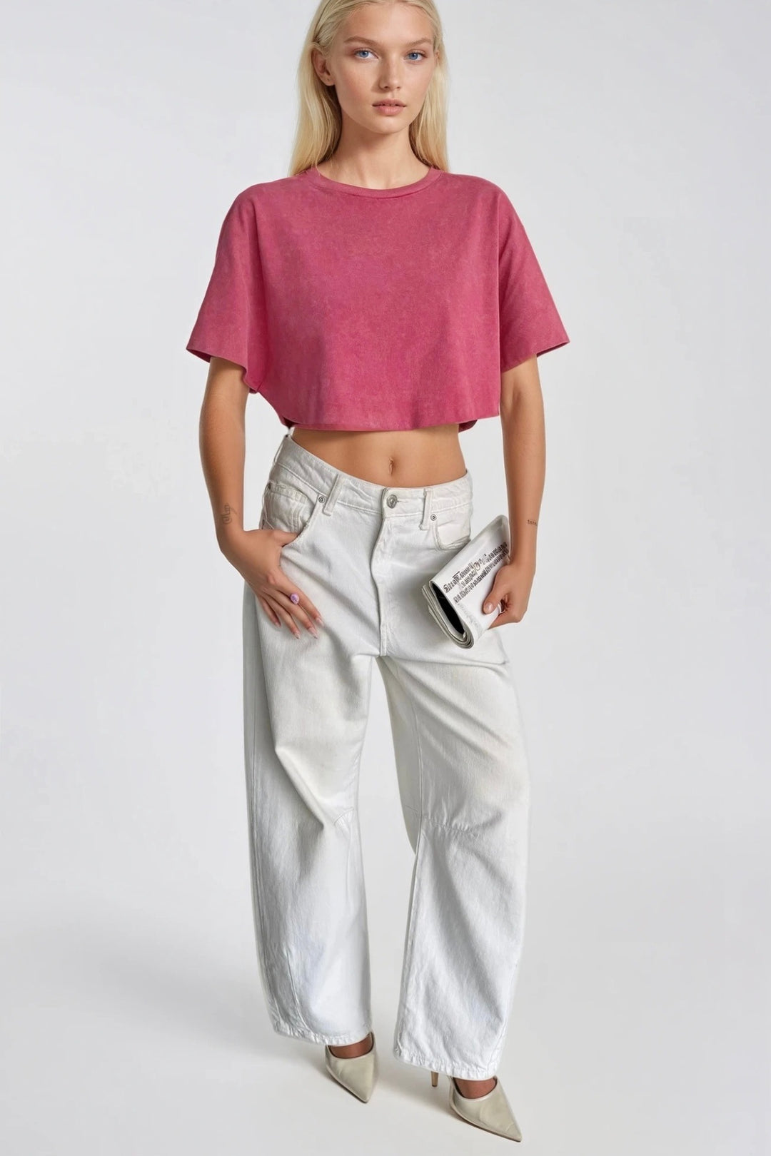 Yıkama Efektli Pembe Crop Tişört