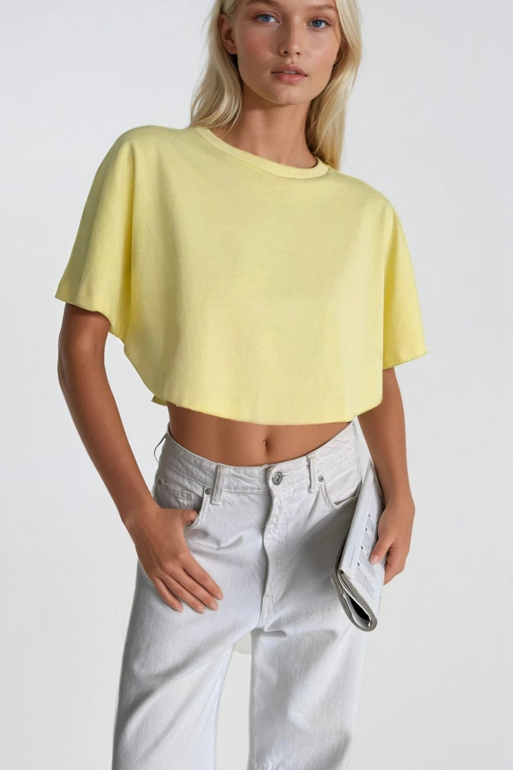 Yıkama Efektli Sarı Crop Tişört