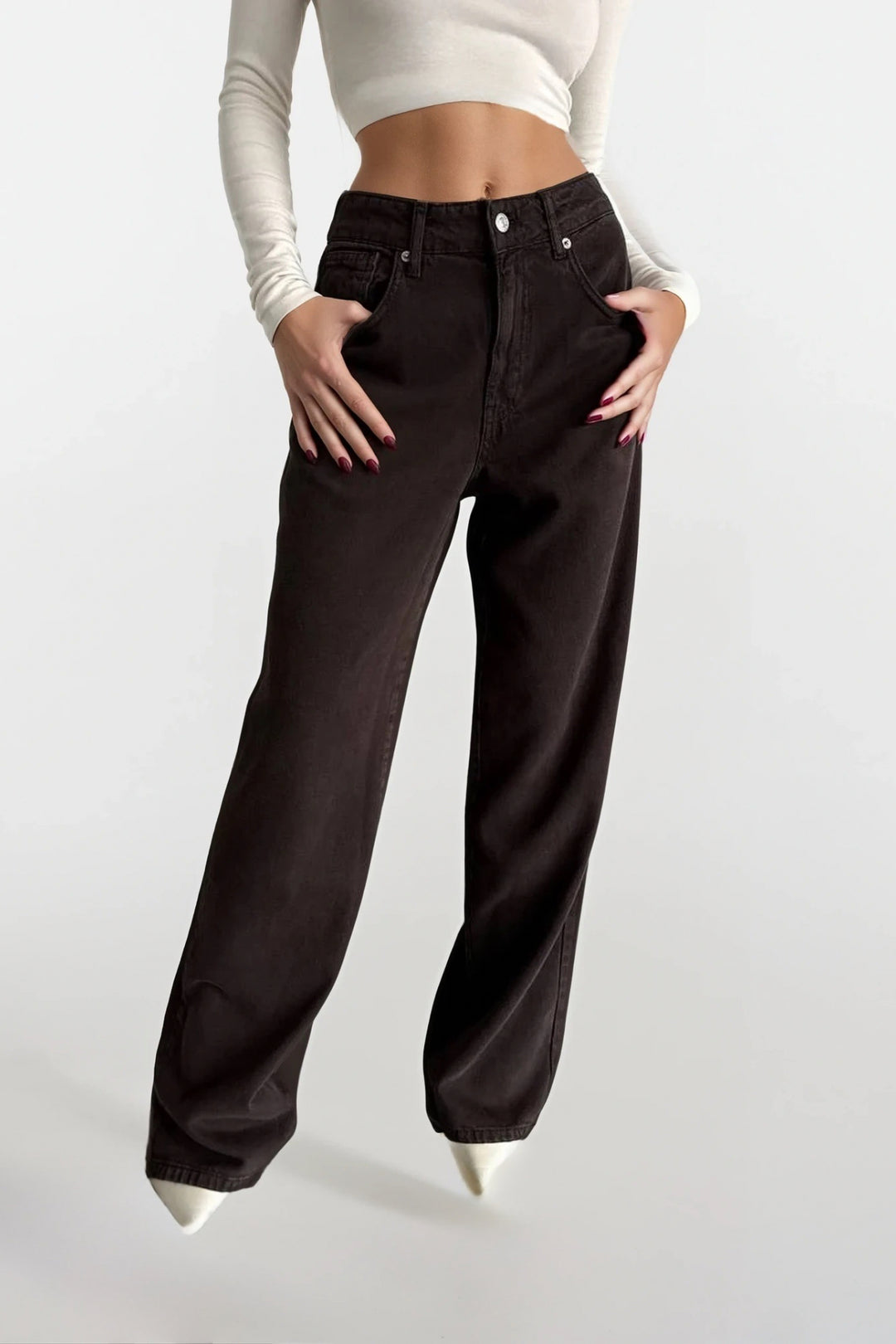 Yıkama Efektli Yüksel Bel Kahverengi Jean