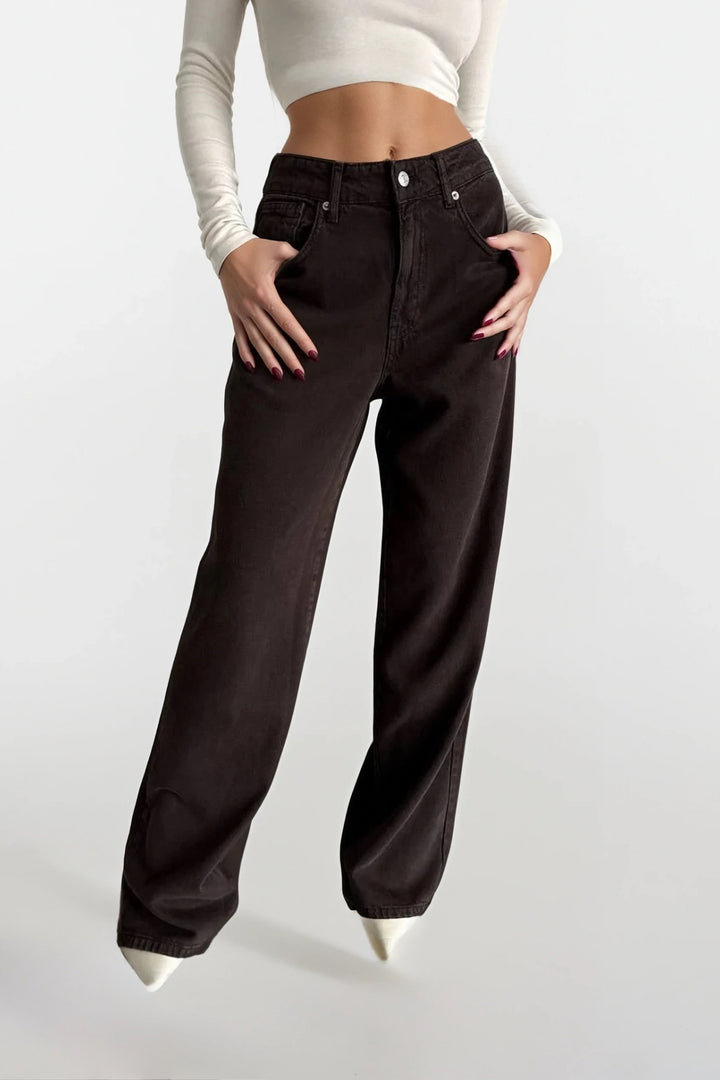 Yıkama Efektli Yüksel Bel Kahverengi Jean