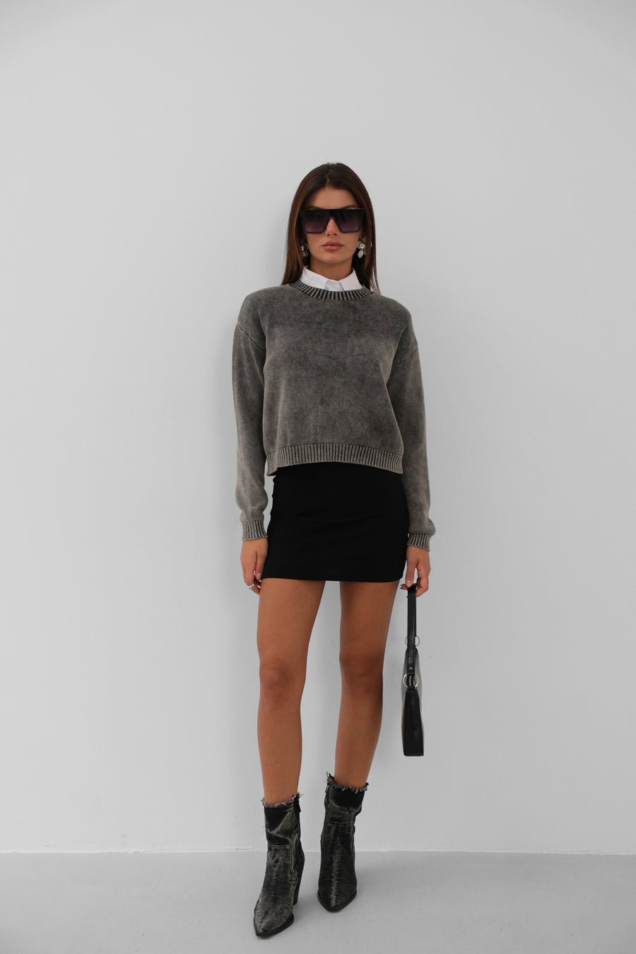 Washed Crop Dark Grey Knitwear Sweater 