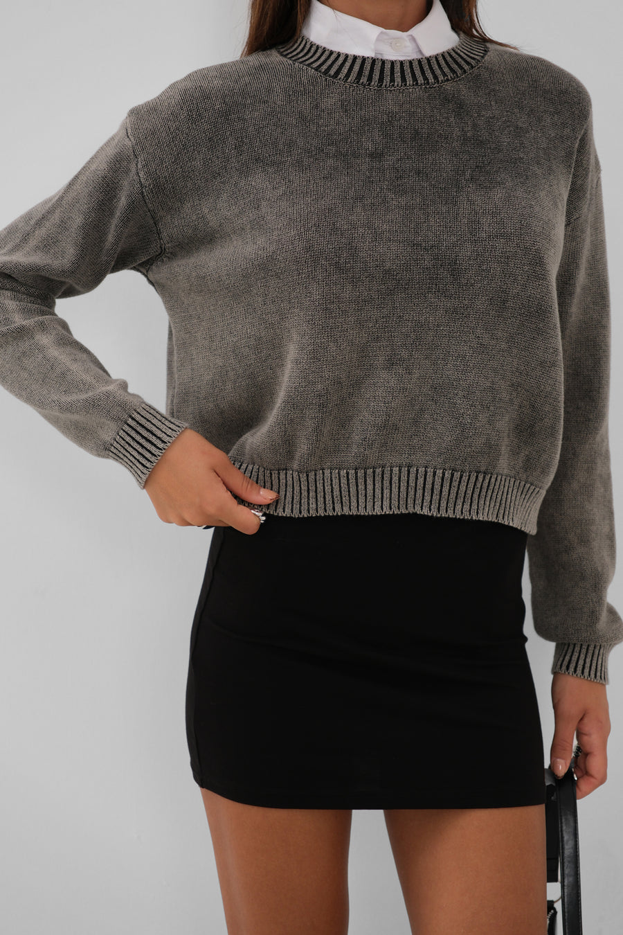 Washed Crop Dark Grey Knitwear Sweater 