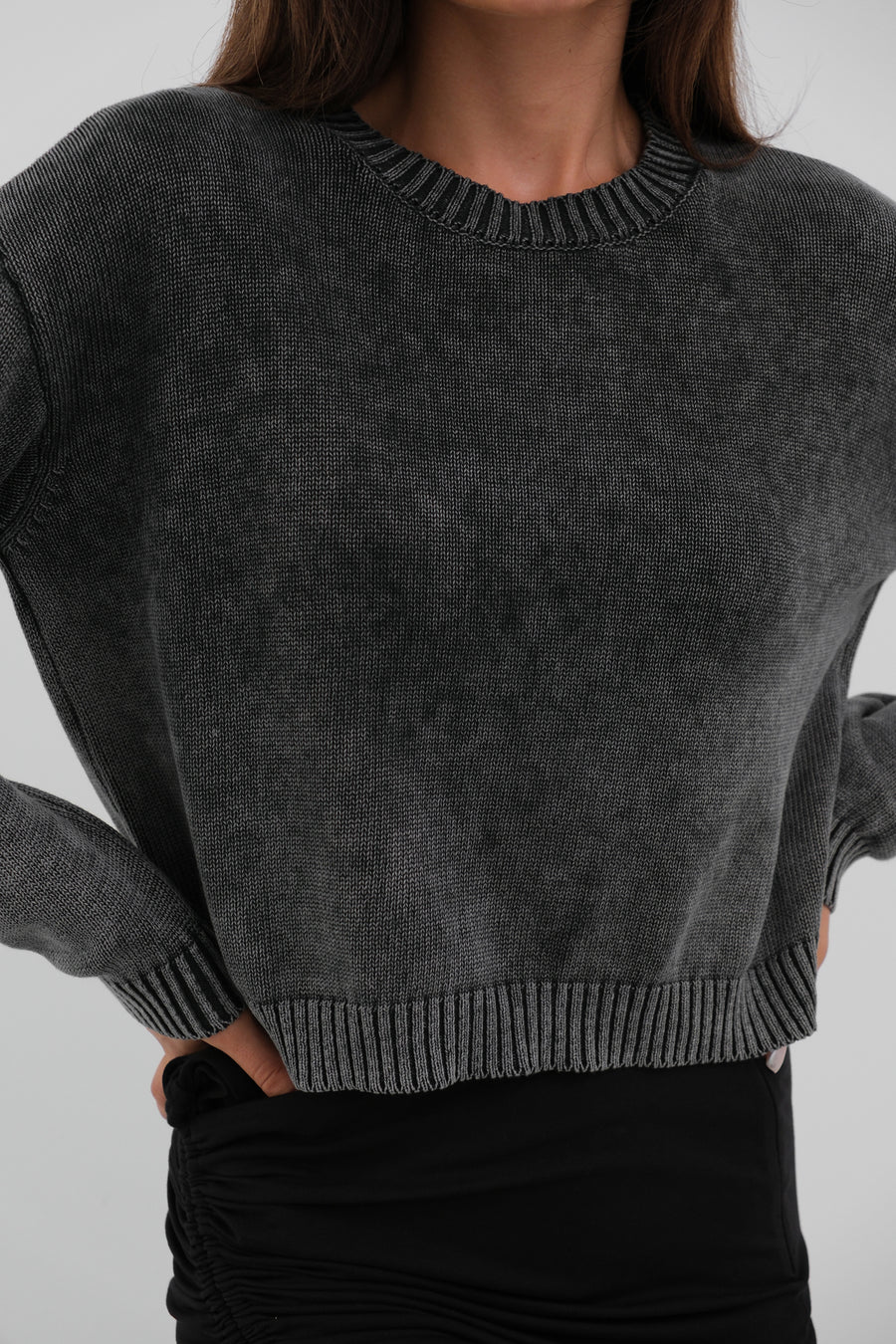 Washed Crop Dark Grey Knitwear Sweater 