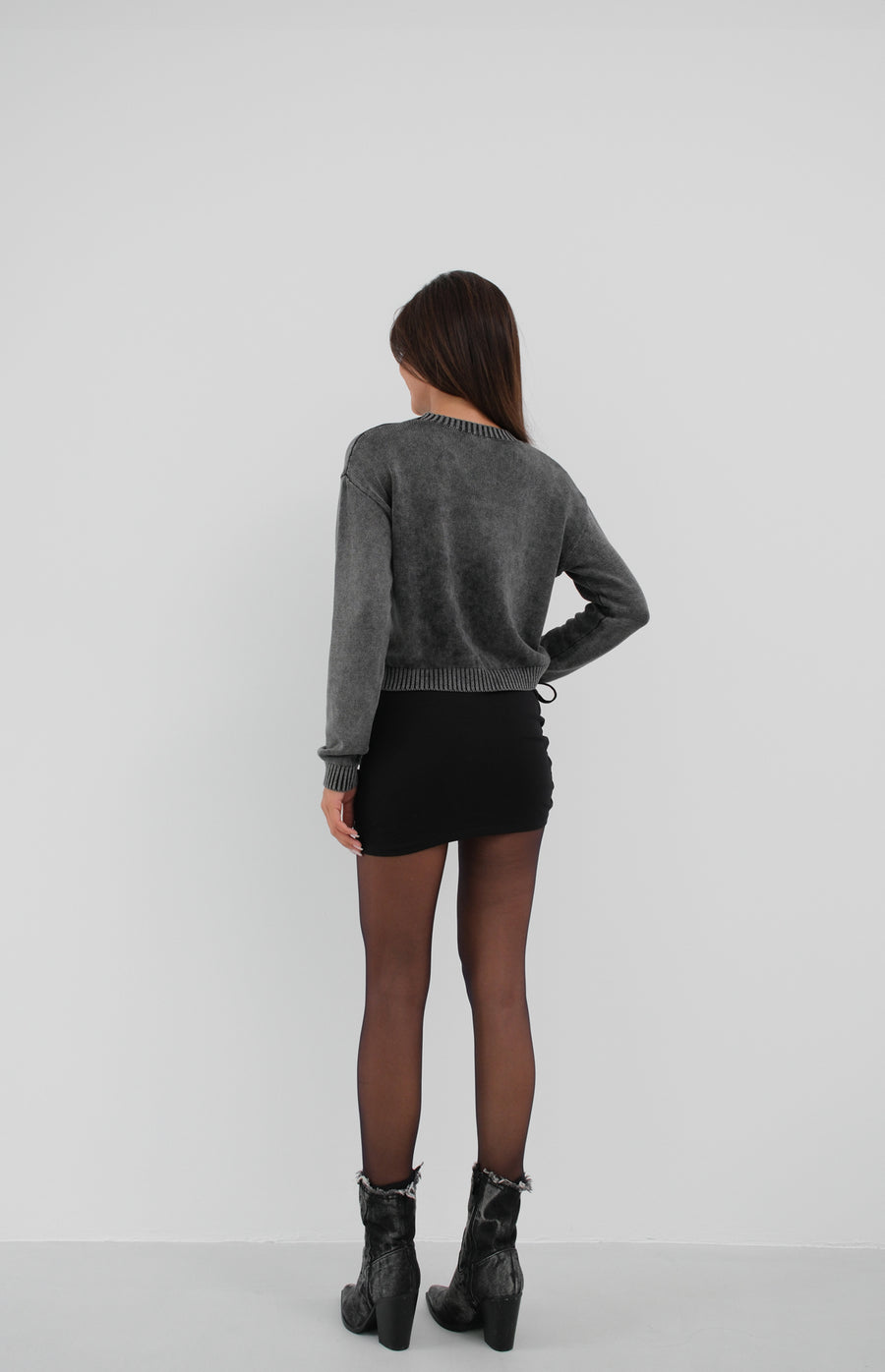 Washed Crop Dark Grey Knitwear Sweater 