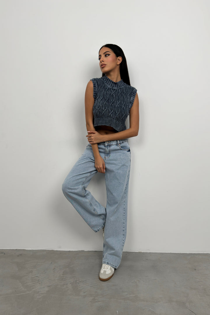 Yıkamalı Mavi Triko Süveter