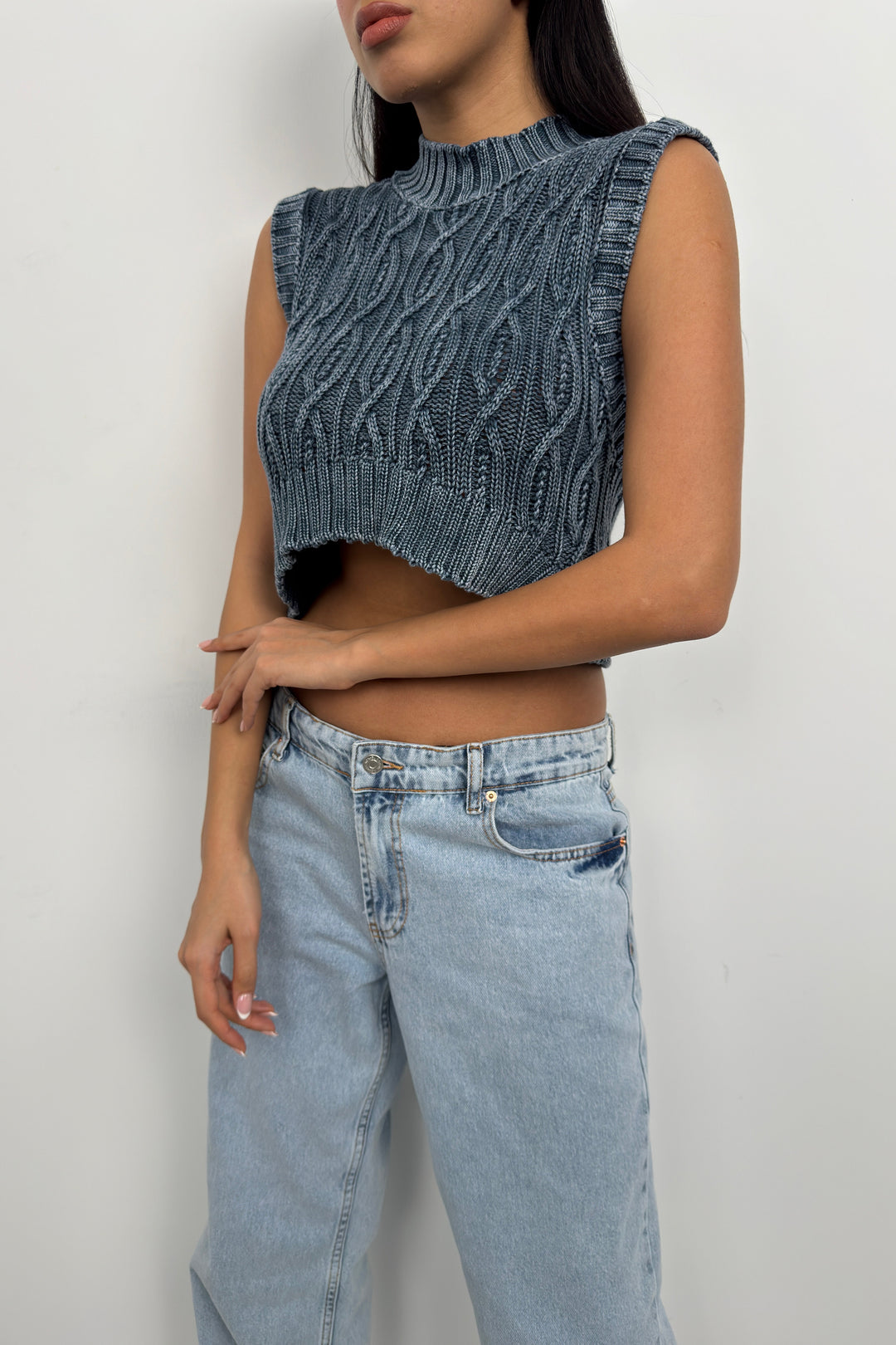 Yıkamalı Mavi Triko Süveter