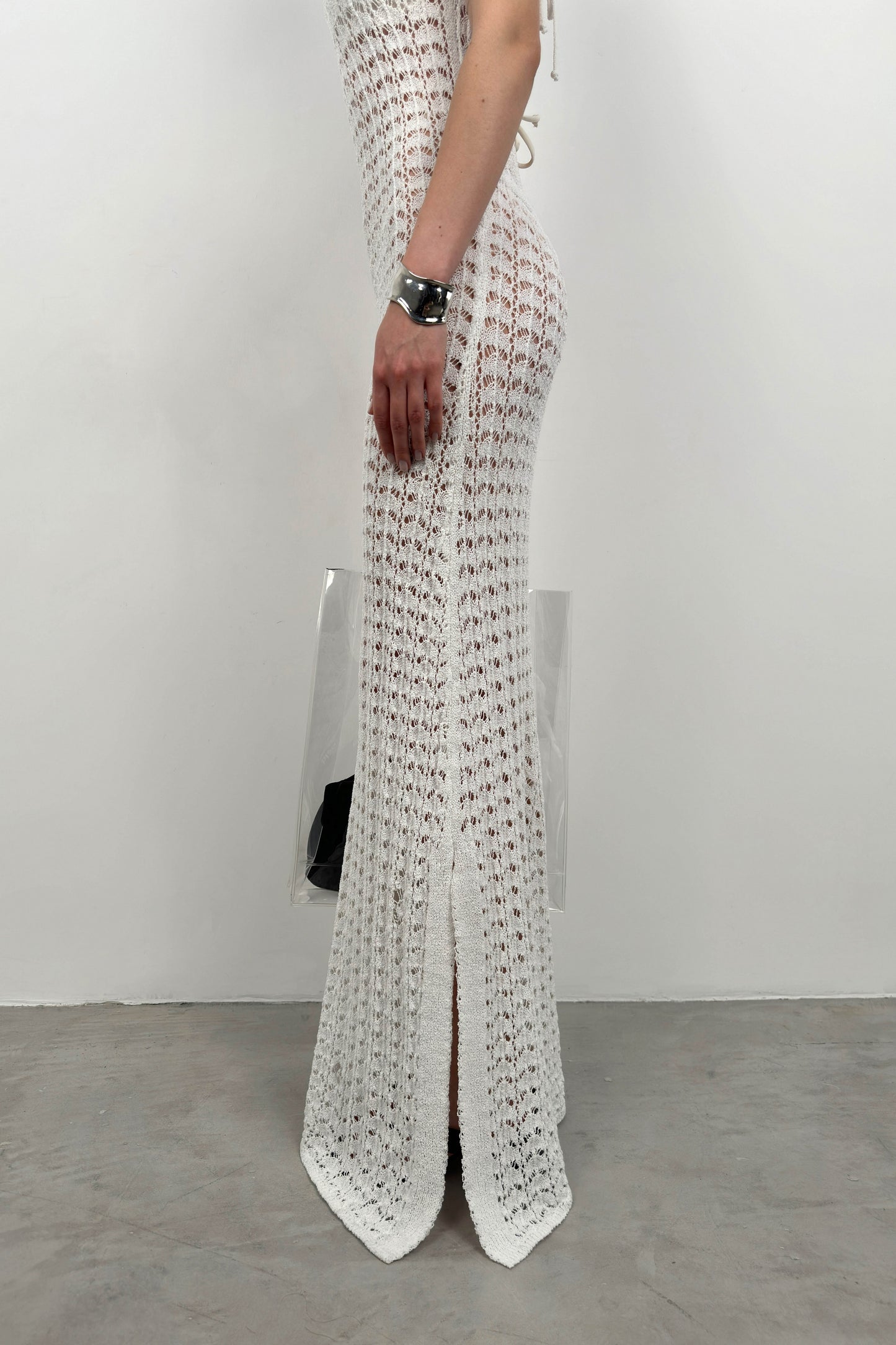 Slit Detail Openwork White Dress 