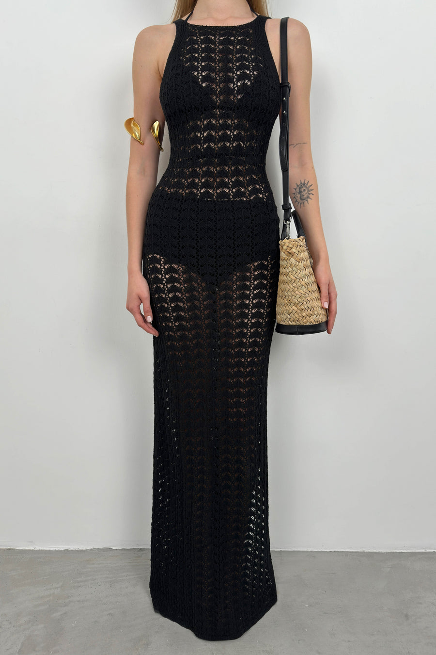 Black Dress with Slit Detail and Openwork 