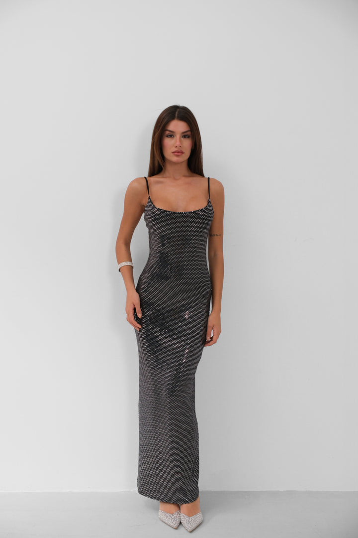 Yırtmaç Detay Askılı Gümüş Elbise