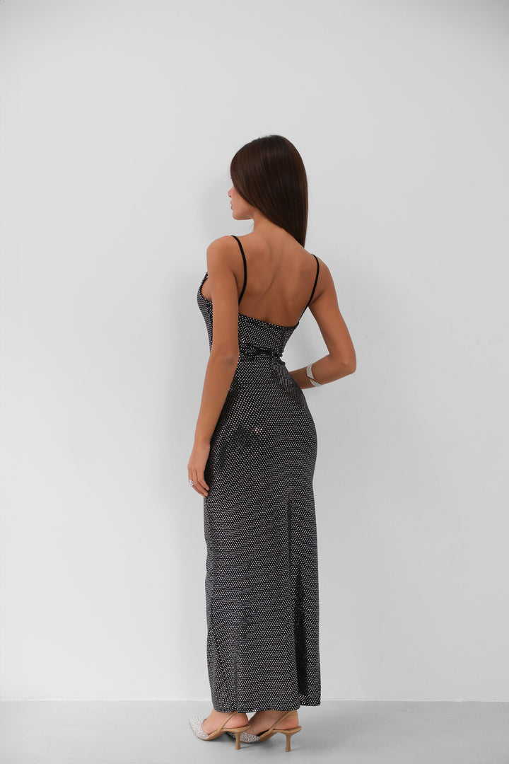 Yırtmaç Detay Askılı Gümüş Elbise