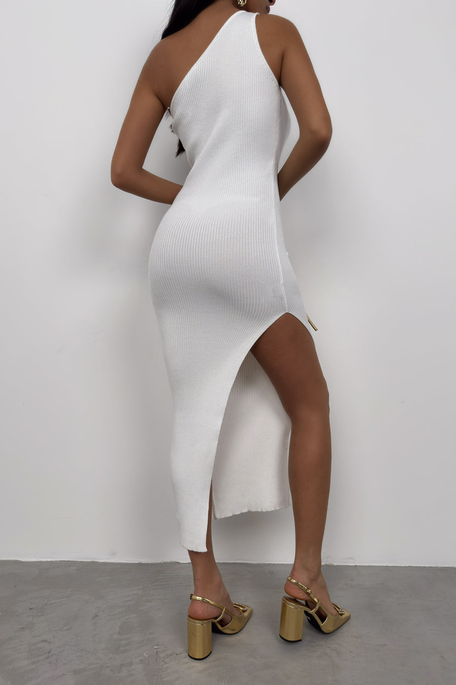 Slit Detail One Shoulder White Dress 