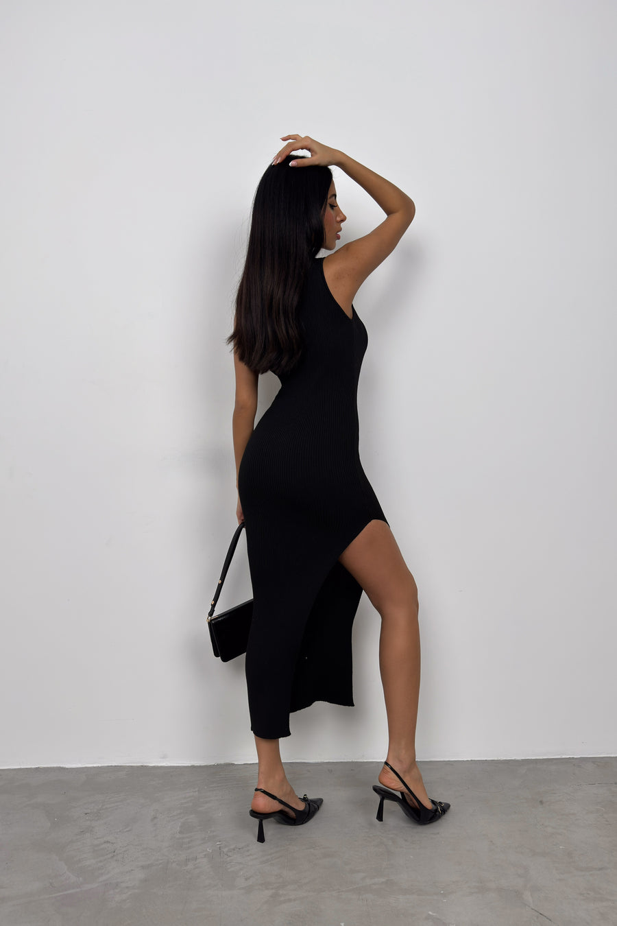 Slit Detail One Shoulder Black Dress 