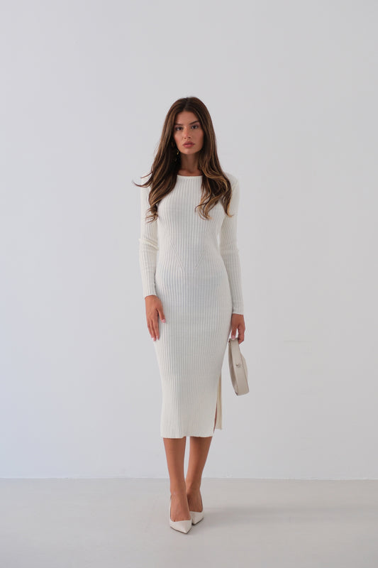 Slit Ecru Knit Dress 