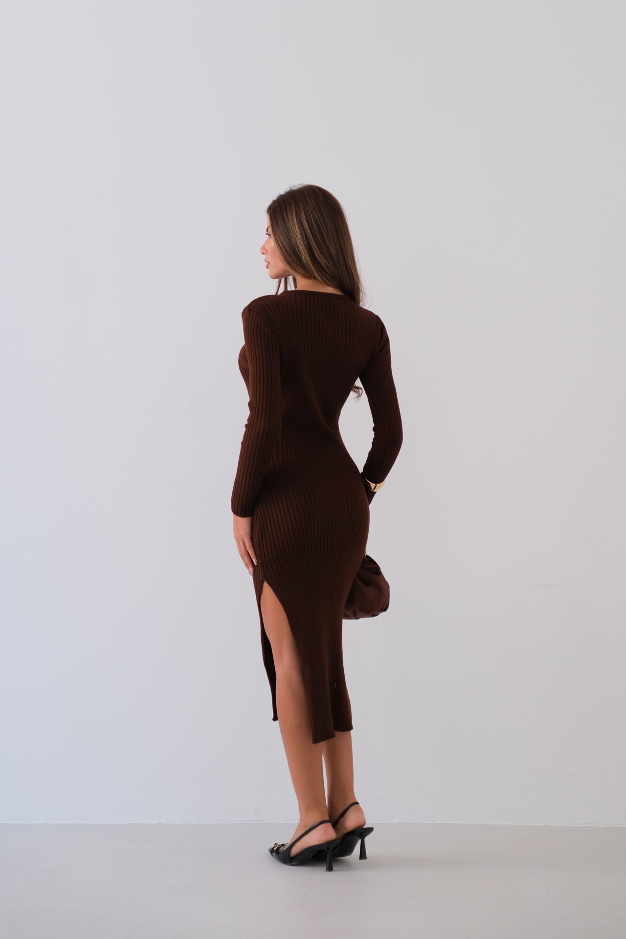 Slit Brown Knit Dress 