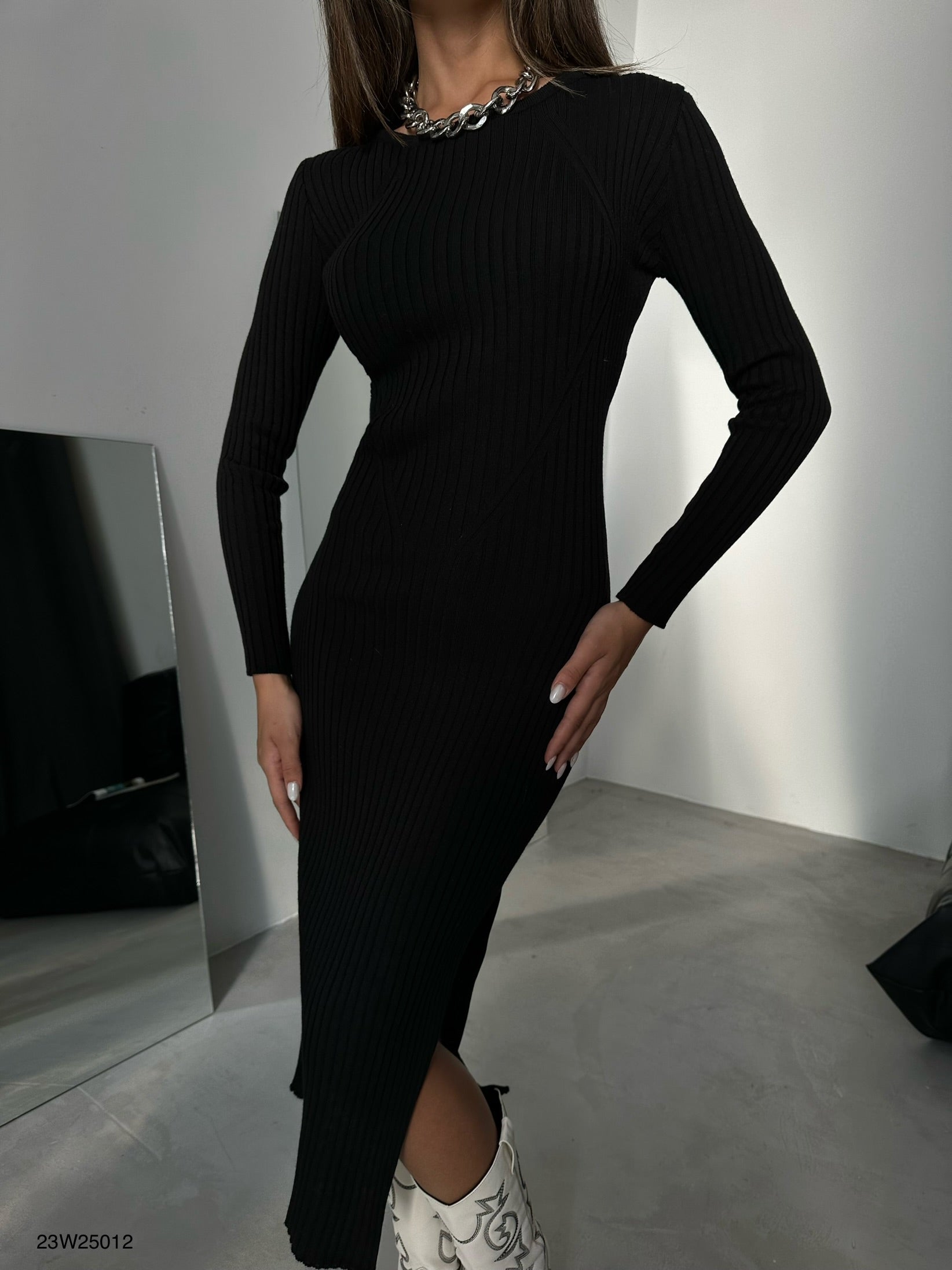 Black Knitted Dress with Slits 